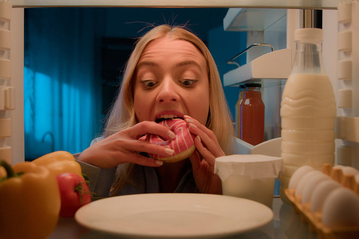 Ragazza che mangia un dolce dal frigo di notte