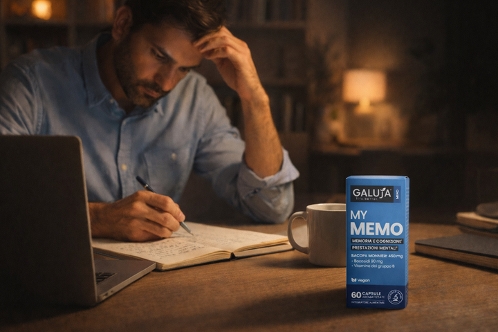 studente con prodotto my memo per la memoria, con bacopa