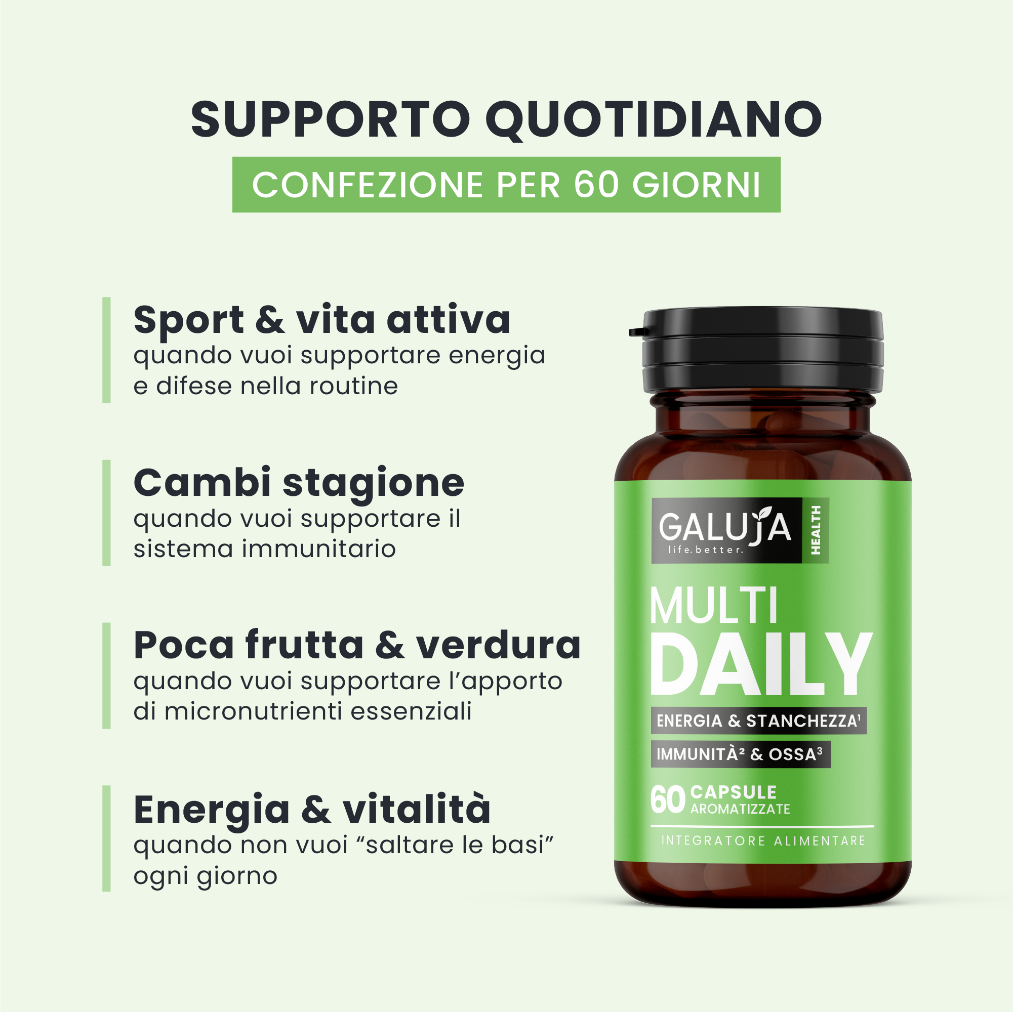 MULTI DAILY GALUJA in flacone ambrato, supporto per sport, vita attiva, cambi di stagione e dieta irregolare.