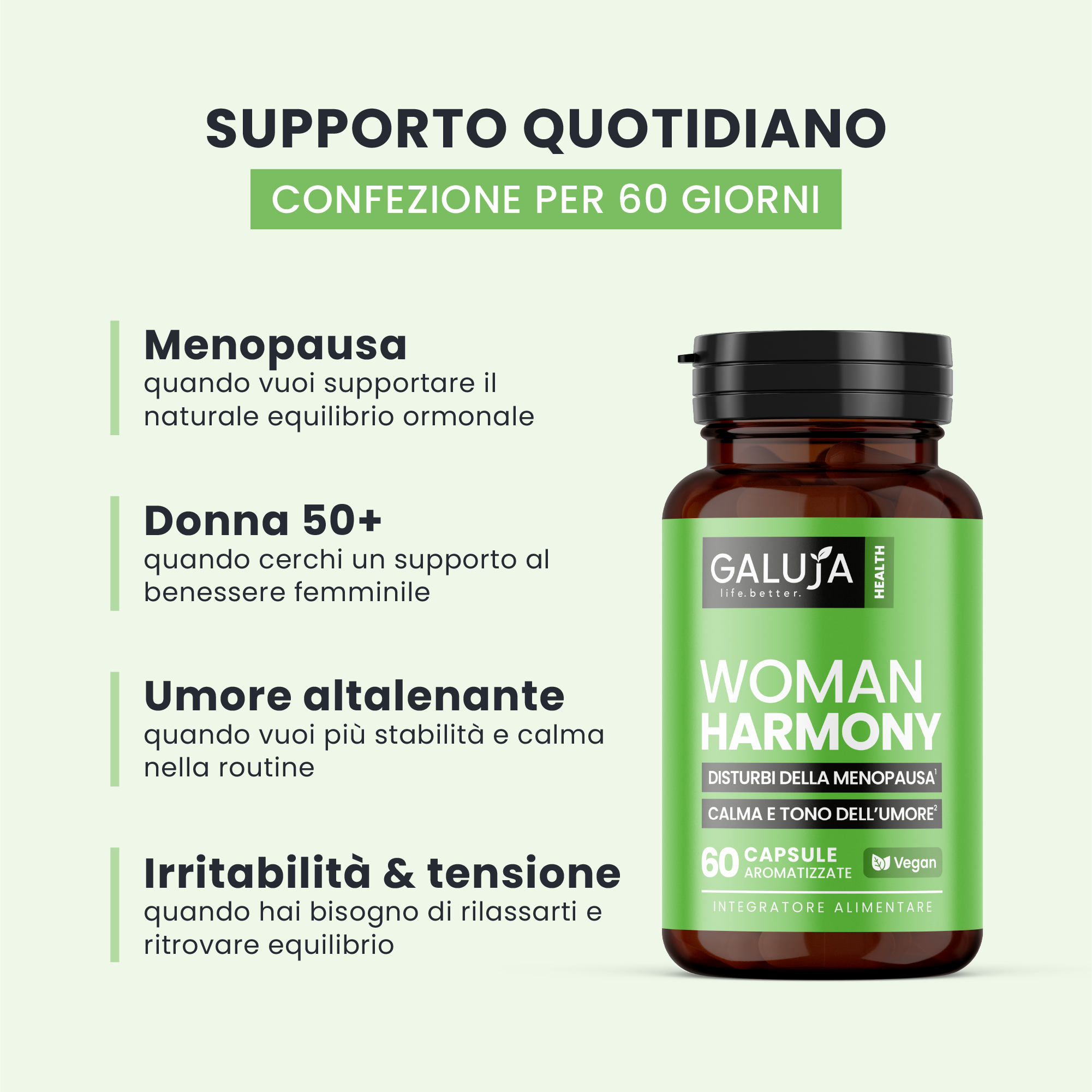 WOMAN HARMONY GALUJA in flacone ambrato, supporto per irritabilità, umore altalenante e tensione.