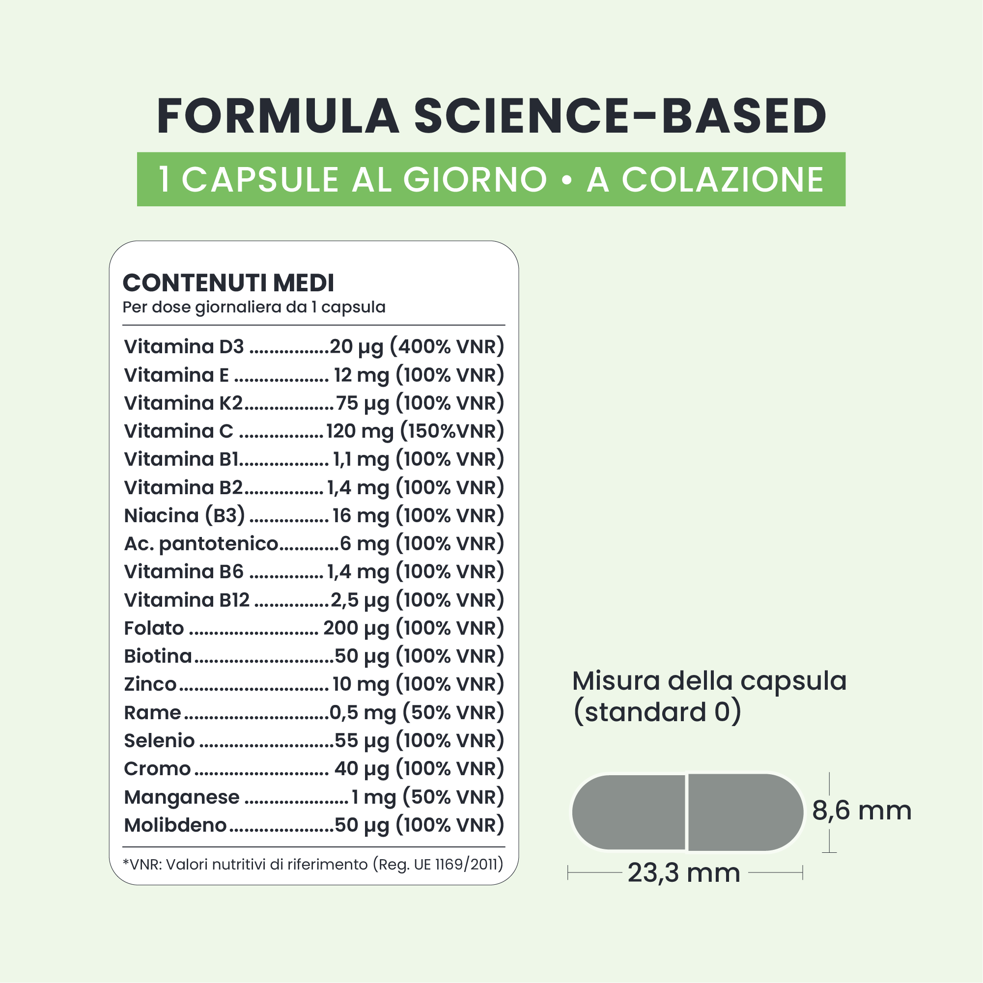 Formula di MULTI DAILY GALUJA con 18 attivi tra cui vitamina C, D3, K2, B12, zinco, selenio e cromo.