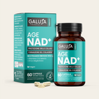 AGE NAD+ GALUJA, integratore antiage per longevità cellulare con astuccio, flacone e capsule vegetali.