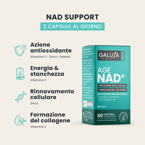 AGE NAD+ GALUJA per il metabolismo energetico, rinnovamento cellulare e un supporto antiossidante.