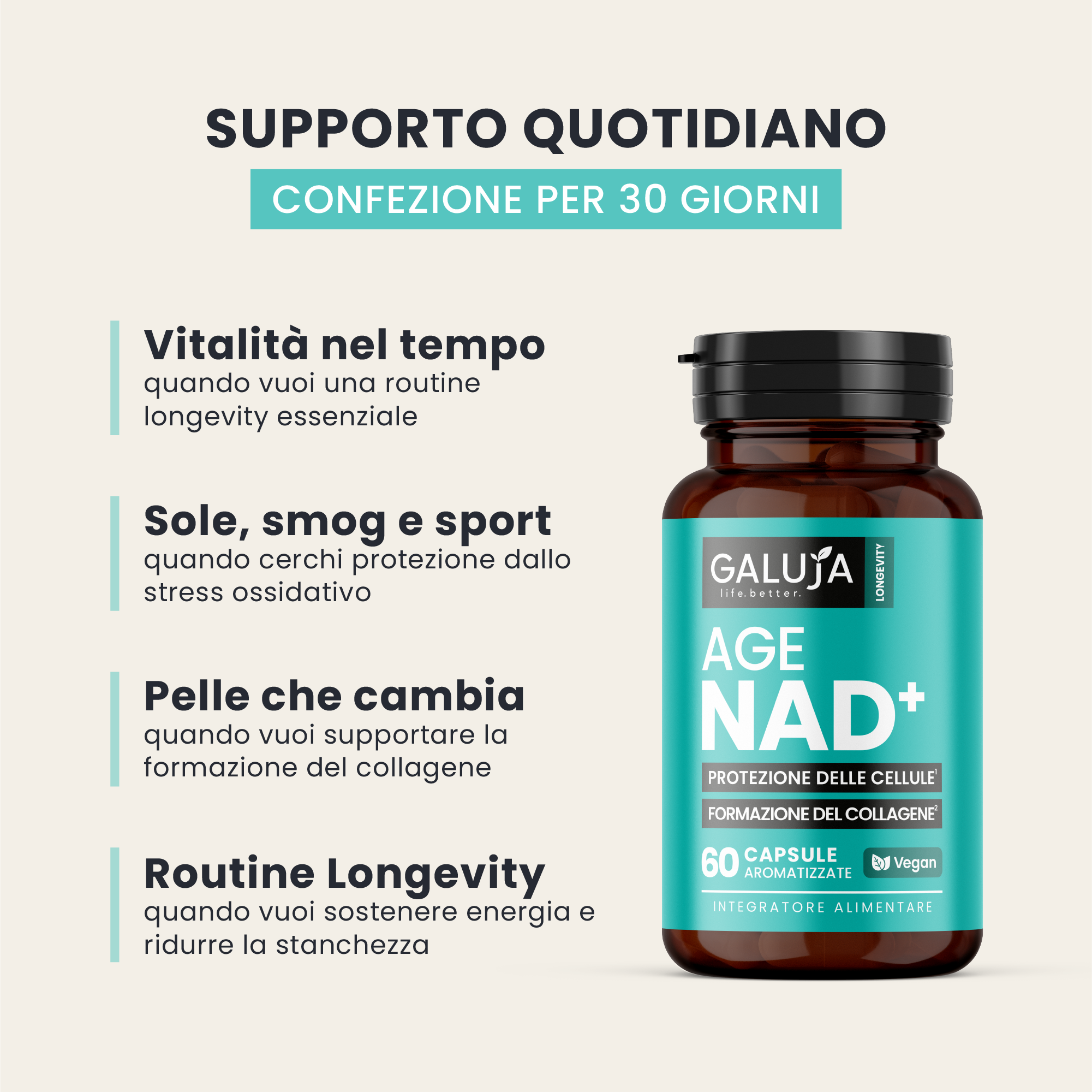AGE NAD+ GALUJA con flacone ambrato, routine longevity e supporto quotidiano.