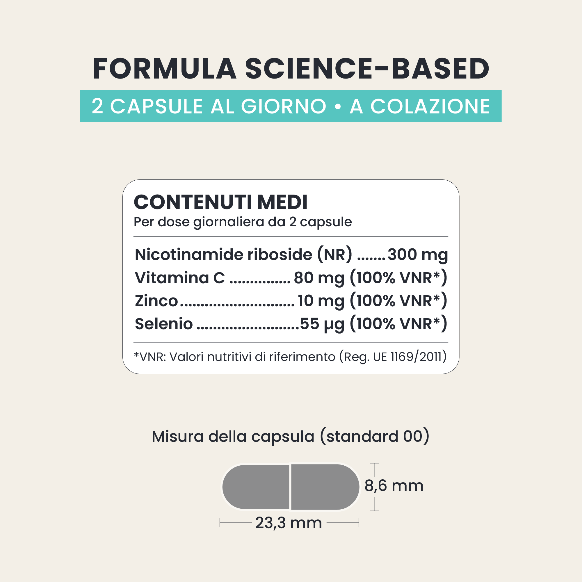 Formula AGE NAD+ GALUJA con Nicotinamide Riboside, vitamina C, zinco, selenio e rame per dose giornaliera.