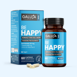 BE HAPPY GALUJA, integratore per il tono dell'umore con flacone, astuccio e capsule vegetali.