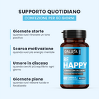 BE HAPPY GALUJA in flacone ambrato, supporto per motivazione, tono dell'umore e giornate intense.