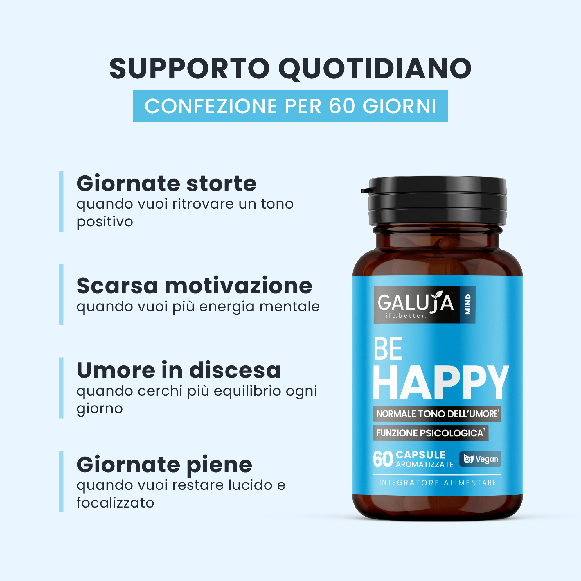 BE HAPPY GALUJA in flacone ambrato, supporto per motivazione, tono dell'umore e giornate intense.