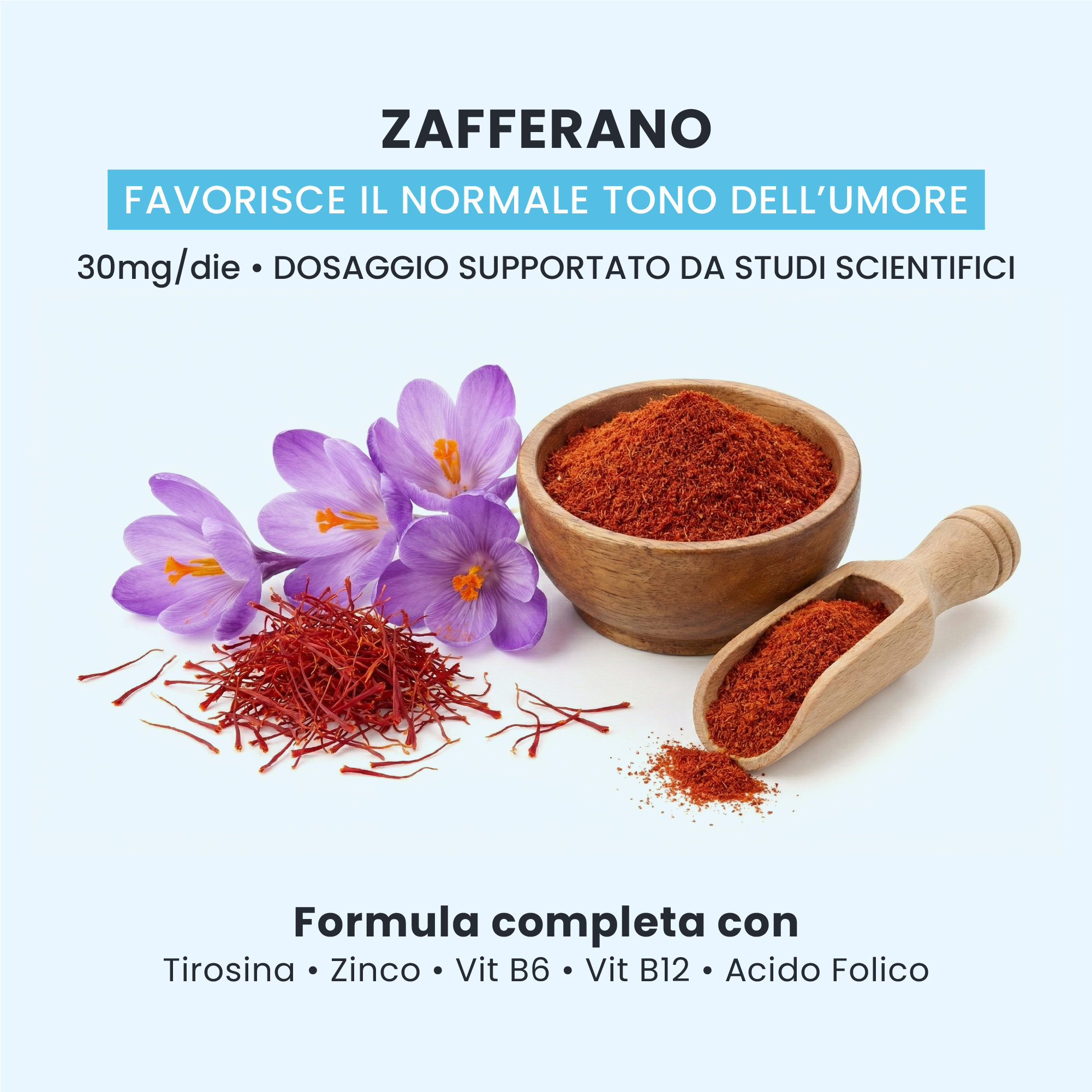 Zafferano in BE HAPPY GALUJA, estratto naturale per favorire il normale tono dell'umore quotidiano.