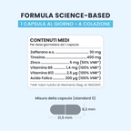 Formula di BE HAPPY GALUJA con zafferano, tirosina, zinco, vitamine B6, B12 e acido folico.