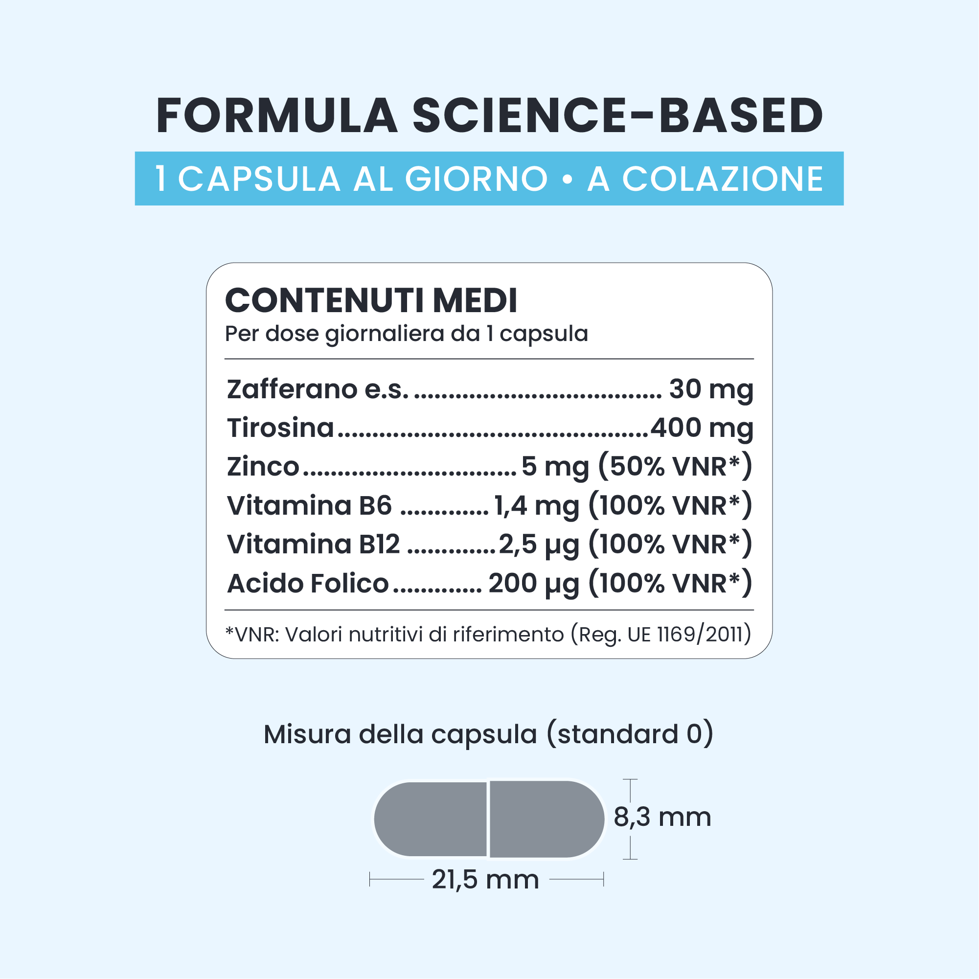 Formula di BE HAPPY GALUJA con zafferano, tirosina, zinco, vitamine B6, B12 e acido folico.