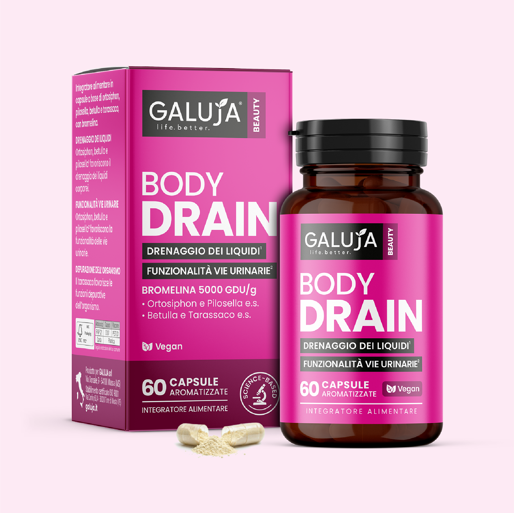 BODY DRAIN GALUJA, integratore per drenaggio liquidi e ritenzione idrica con flacone e astuccio