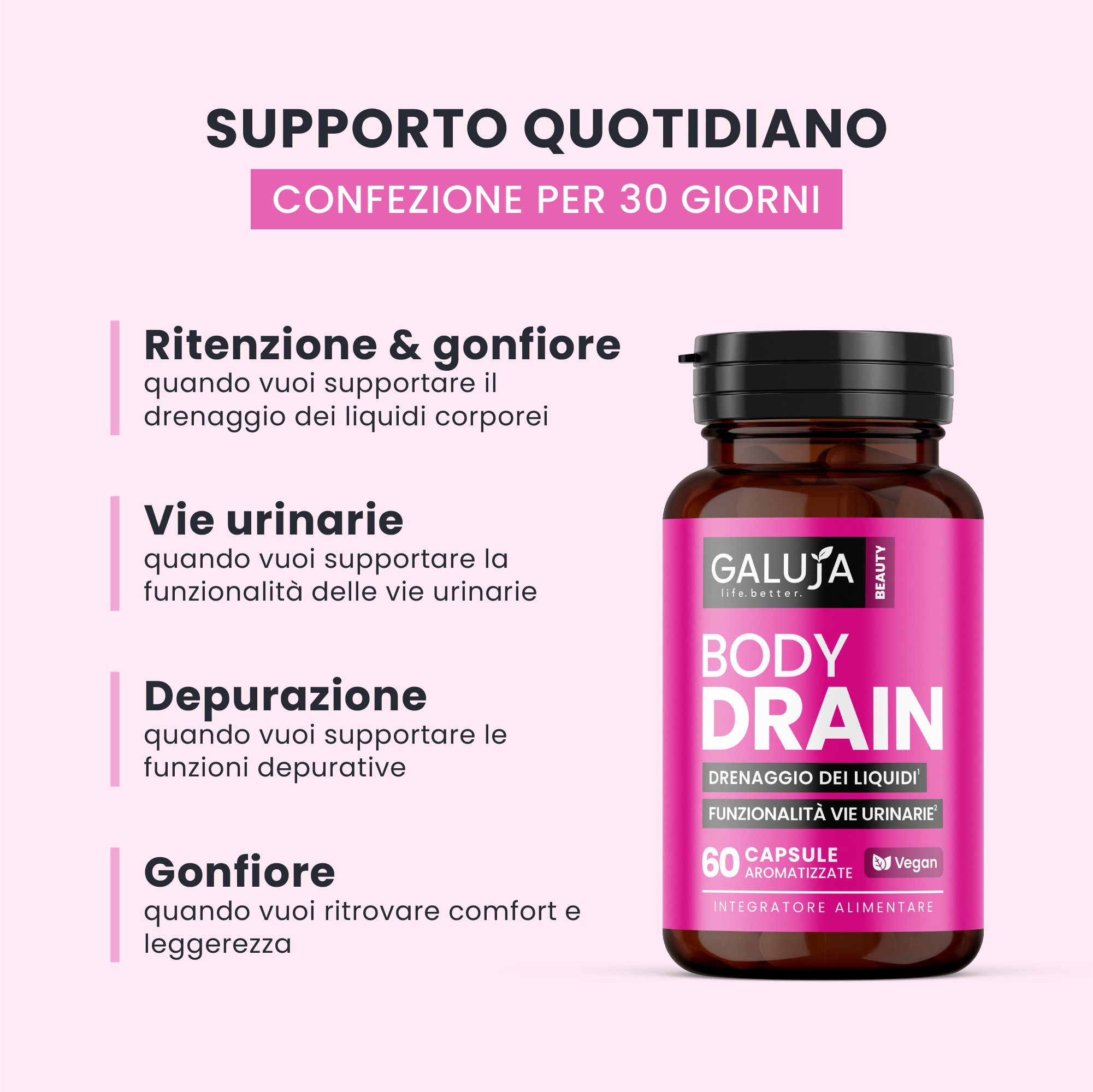 BODY DRAIN GALUJA con flacone ambrato, drenaggio liquidi e funzionalità vie urinarie.