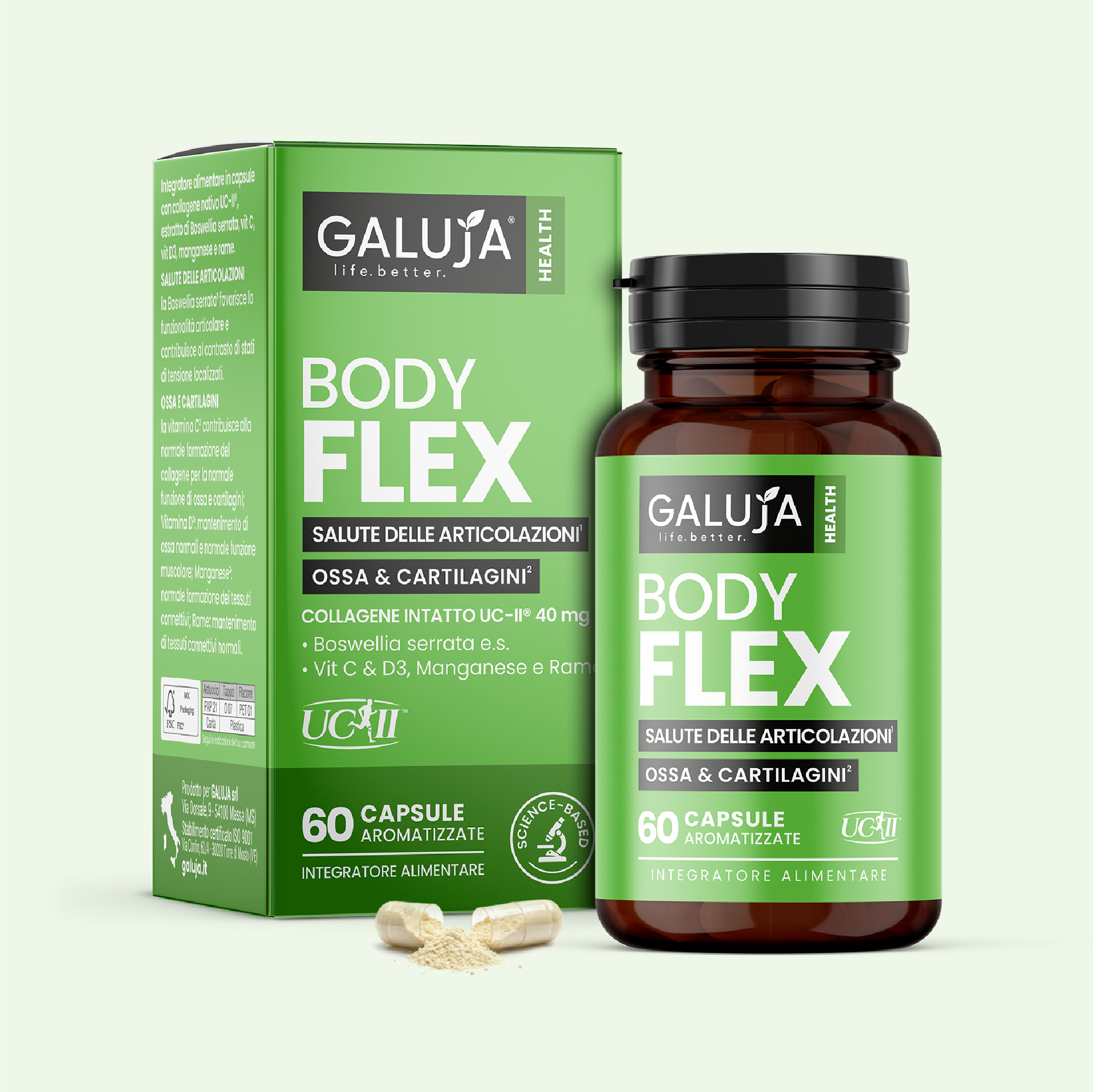 BODY FLEX GALUJA, integratore articolazioni e mobilità con flacone, astuccio e capsule vegetali.