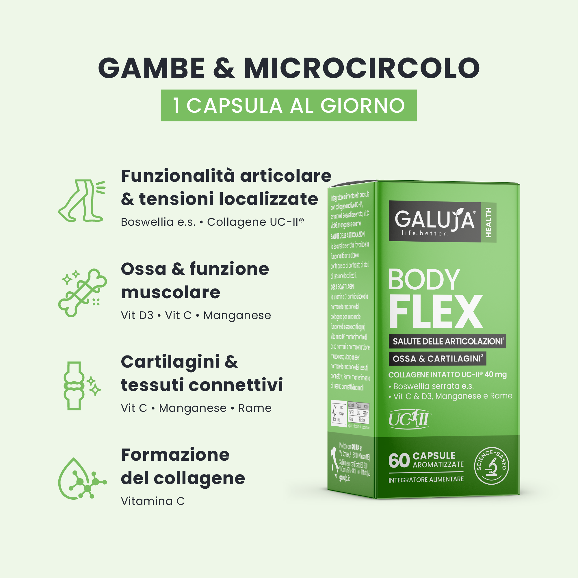 BODY FLEX GALUJA per funzionalità articolare, formazione del collagene e mobilità dei tessuti connettivi.