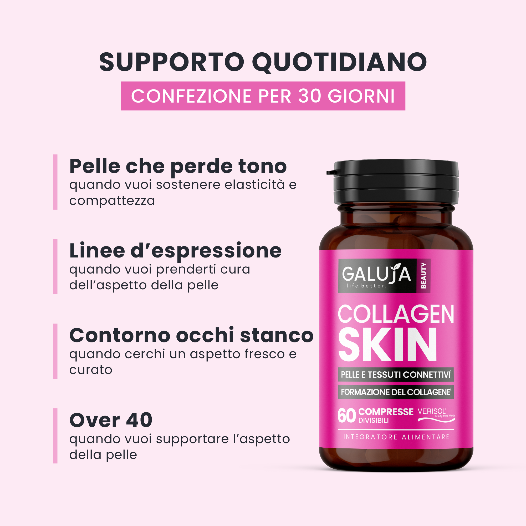 COLLAGEN SKIN GALUJA con flacone ambrato, supporto per rughe d'espressione e tono della pelle.