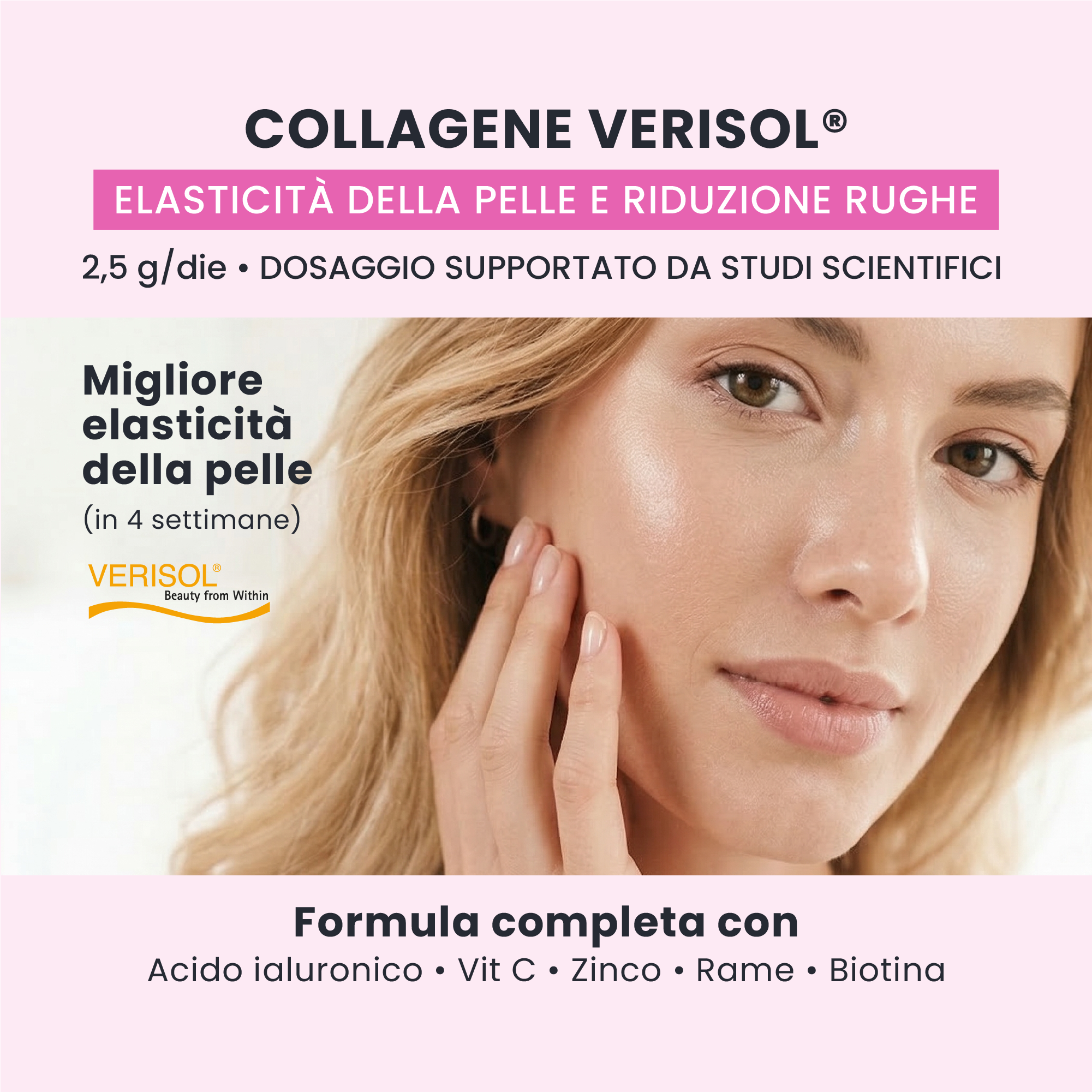 Collagene Verisol e acido ialuronico in COLLAGEN SKIN GALUJA, per ridurre le rughe.