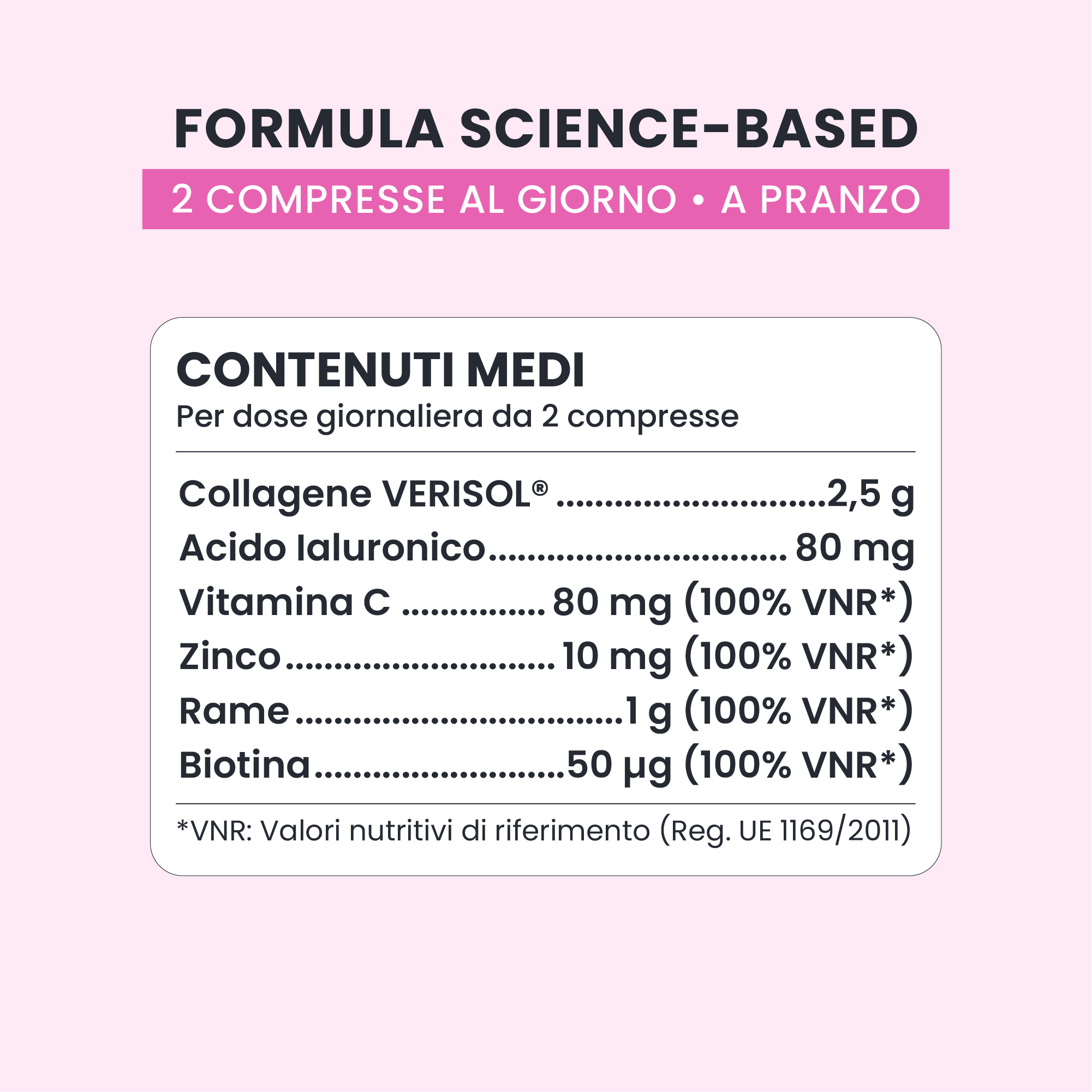 Formula di COLLAGEN SKIN GALUJA con Verisol, acido ialuronico, vitamina C e zinco.