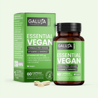 ESSENTIAL VEGAN GALUJA, integratore per vegani con astuccio e flacone di capsule vegetali aromatizzate.