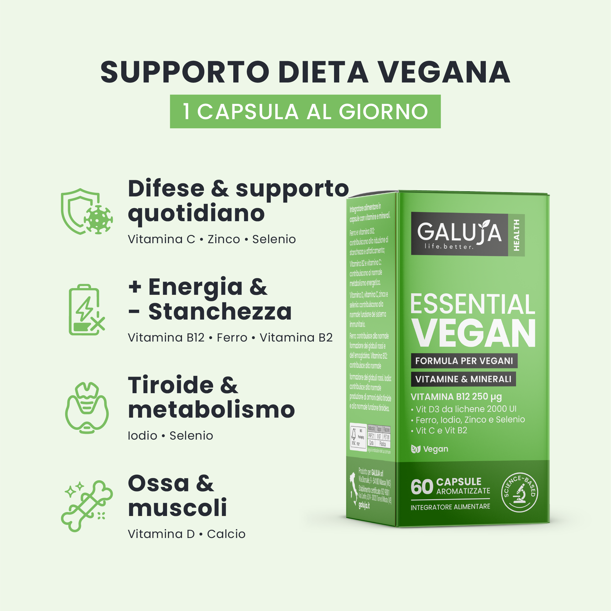 ESSENTIAL VEGAN GALUJA per difese e supporto quotidiano, metabolismo e riduzione della stanchezza
