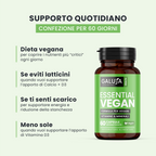 ESSENTIAL VEGAN GALUJA integratore in flacone ambrato per supporto nutrizionale e metabolismo energetico.