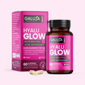 HYALU GLOW GALUJA, integratore pelle e idratazione con flacone, astuccio e capsule vegetali aromatizzate.