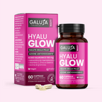HYALU GLOW GALUJA, integratore pelle e idratazione con flacone, astuccio e capsule vegetali aromatizzate.