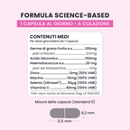 Formula di HYALU GLOW GALUJA con acido ialuronico, astaxantina, zinco, niacina, selenio e vitamina C.