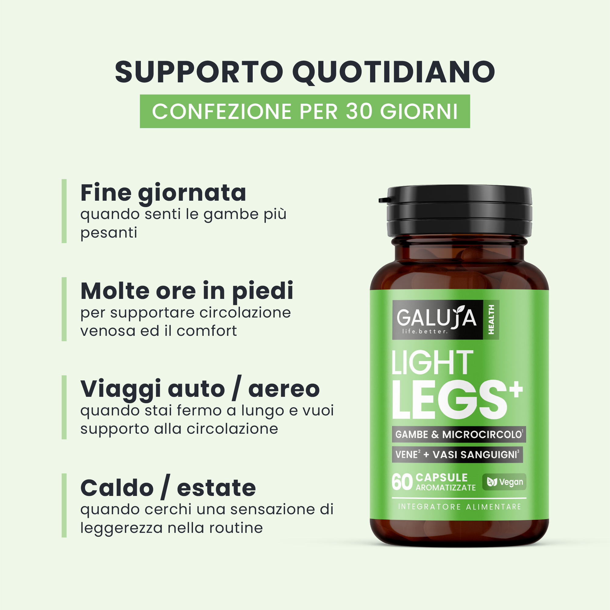 LIGHT LEGS+ GALUJA in flacone ambrato, per il benessere delle gambe a fine giornata o in estate.
