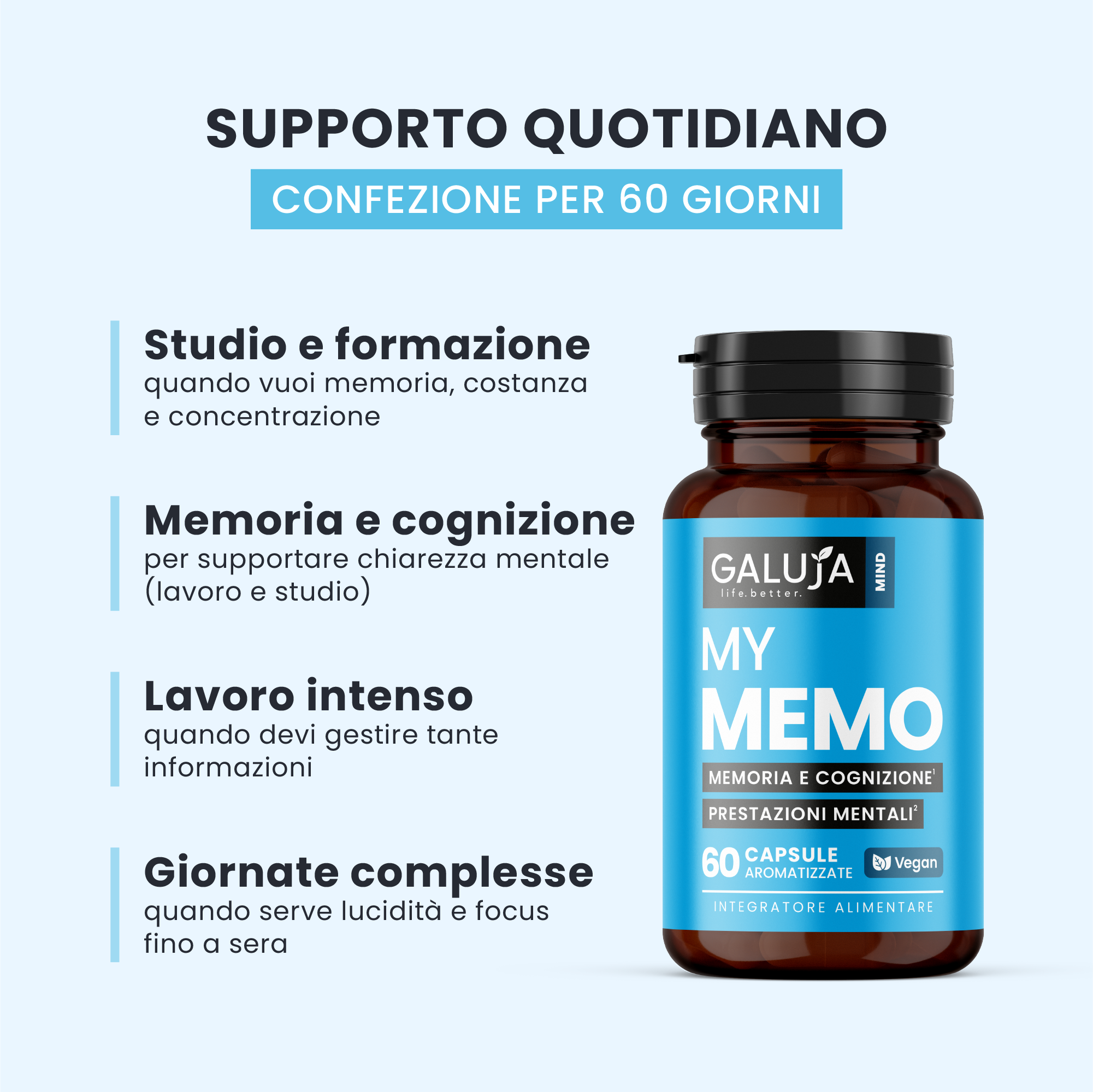 MY MEMO GALUJA in flacone ambrato, supporto per studio, formazione e giornate complesse.