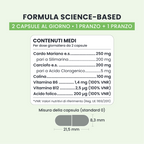 Formula di PURE DETOX GALUJA con cardo mariano, carciofo, colina, vitamine B6, B12 e acido folico.