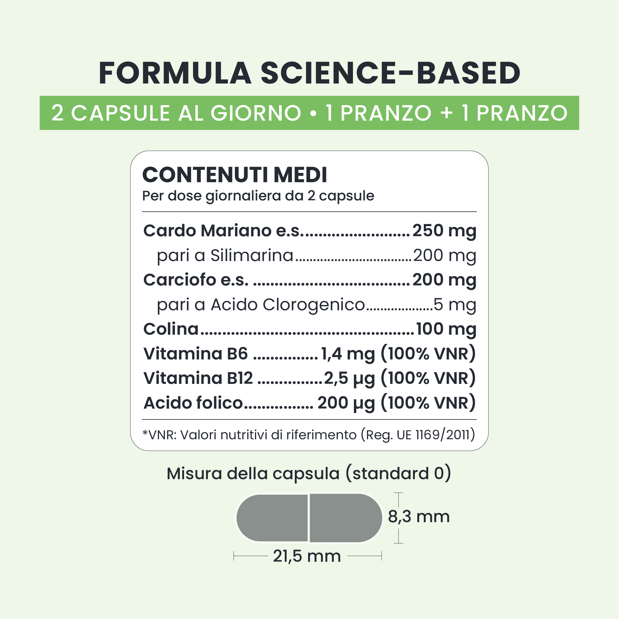 Formula di PURE DETOX GALUJA con cardo mariano, carciofo, colina, vitamine B6, B12 e acido folico.