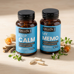 Integratori Galuja Keep Calm e My Memo su scrivania, con radici di ashwagandha e bacopa