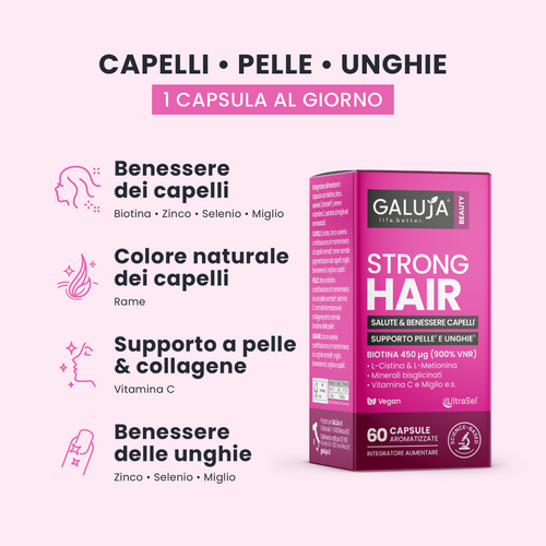 STRONG HAIR GALUJA per benessere dei capelli, colore naturale e supporto al collagene.