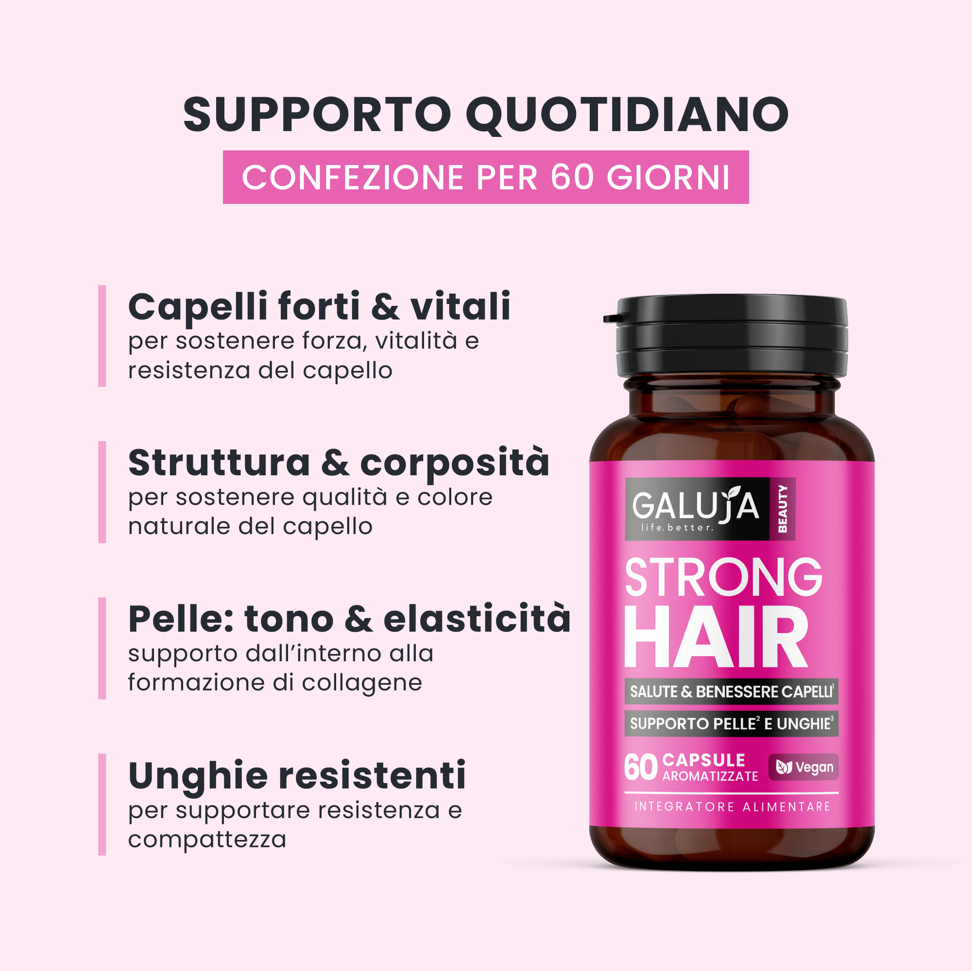 STRONG HAIR GALUJA con flacone ambrato, per un trattamento completo di sessanta giorni.