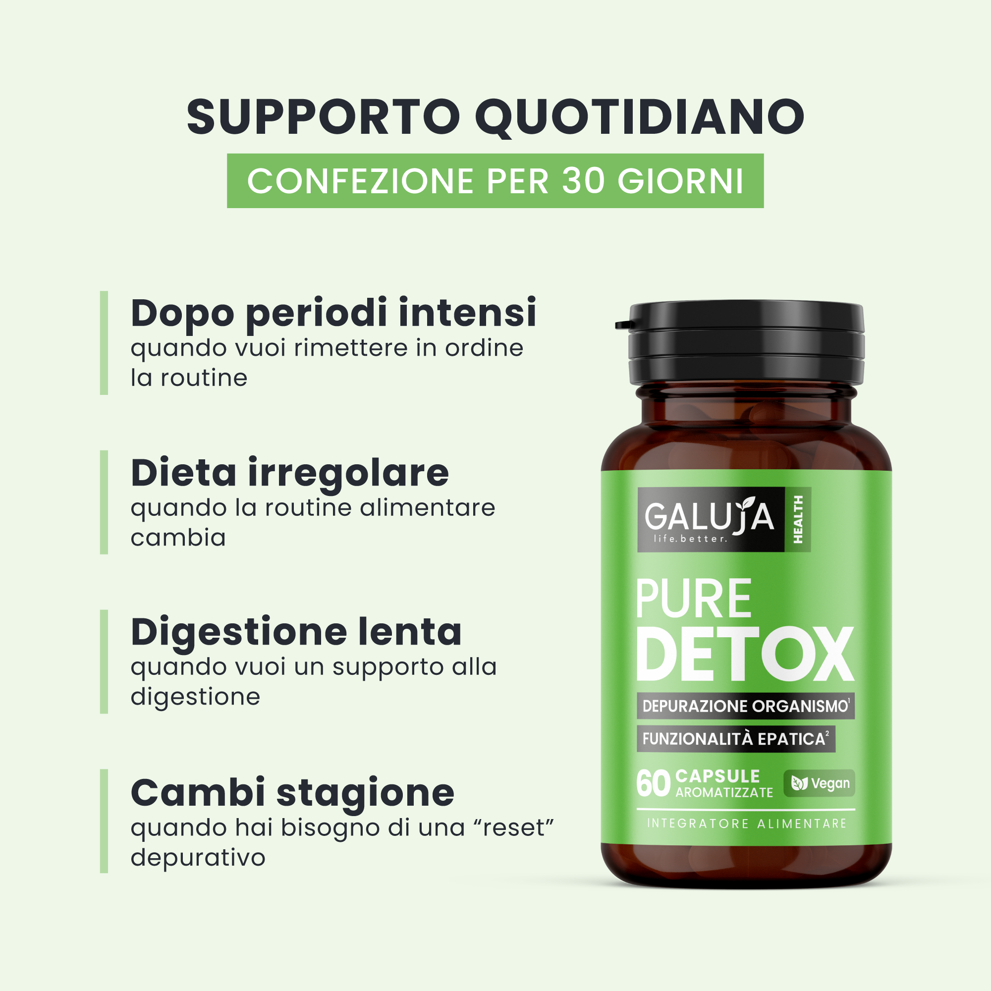 PURE DETOX GALUJA in flacone ambrato, supporto per digestione lenta, periodi intensi e cambi di stagione.