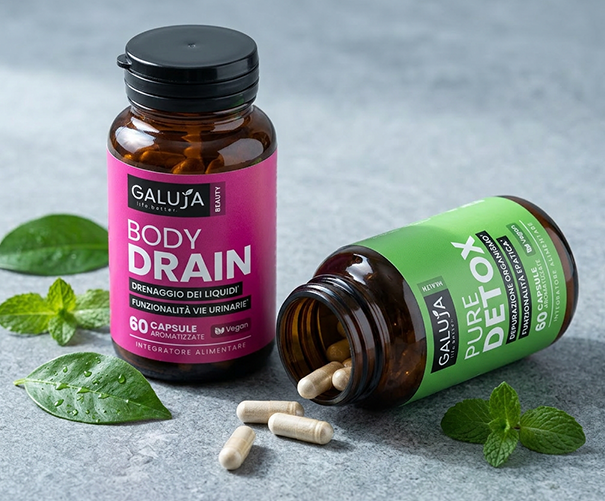 Due prodotti Galuja aperti, Body Drain e Pure Detox, su un piano in pietra.